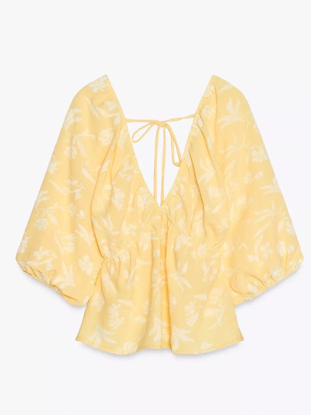 Zara Yellow Floral Tie-Back Puff Sleeve Blouse